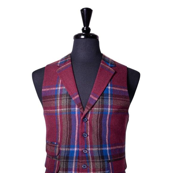 Mens Plaid Vest 40R Burgundy Blue Wool Waistcoat Boho Casual Preppy Wedding - Picture 4 of 10